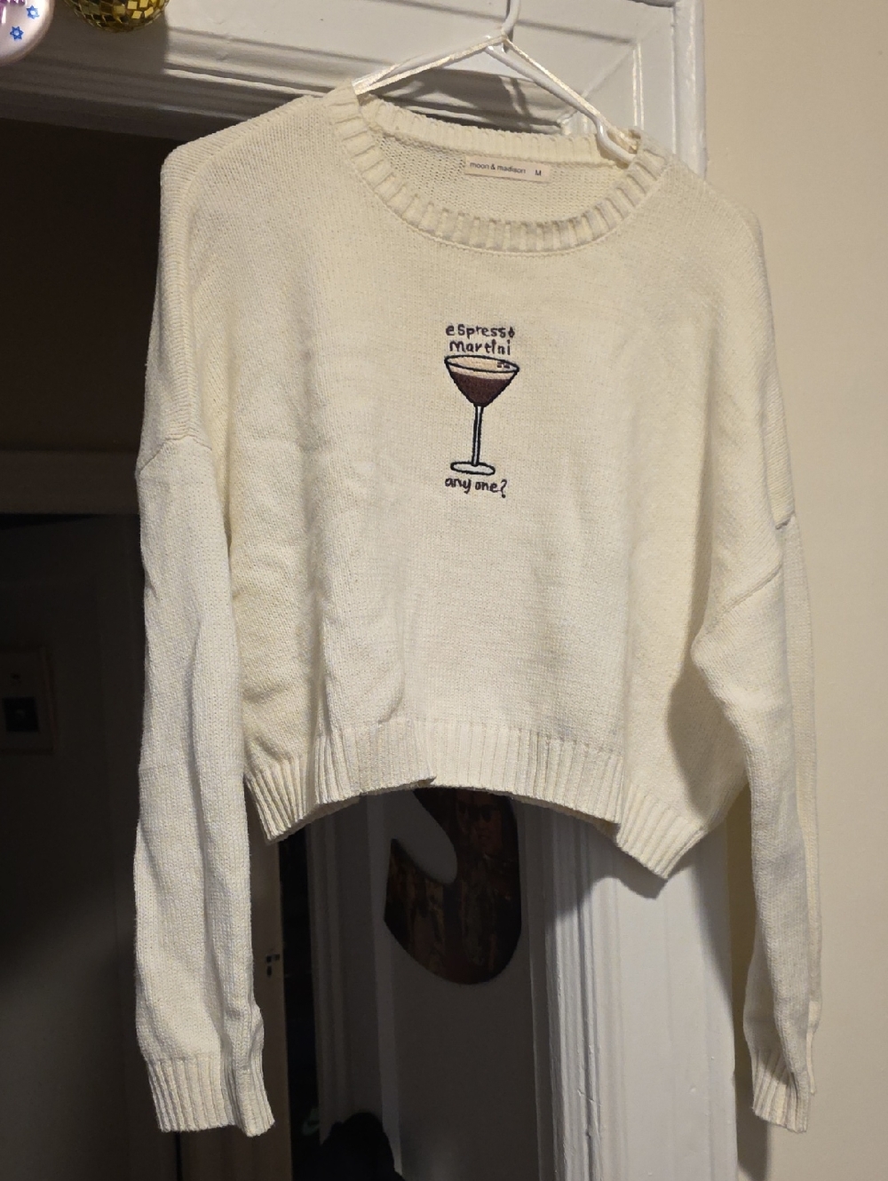 Moon & Madison White  Cropped Knit Sweater with Espresso Martini Embroidery